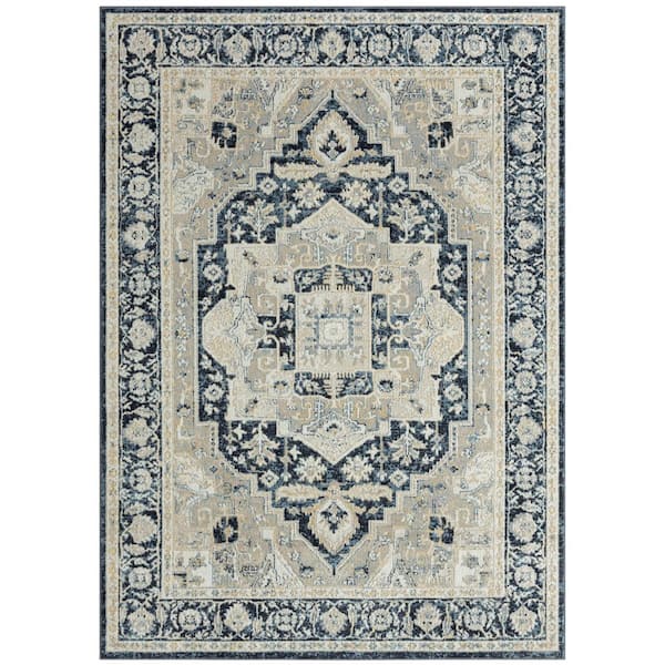 Treasure Rubia Ivory/Navy Blue 5 ft. x 7 ft. Medallion Machine Washable Runner Area Rug