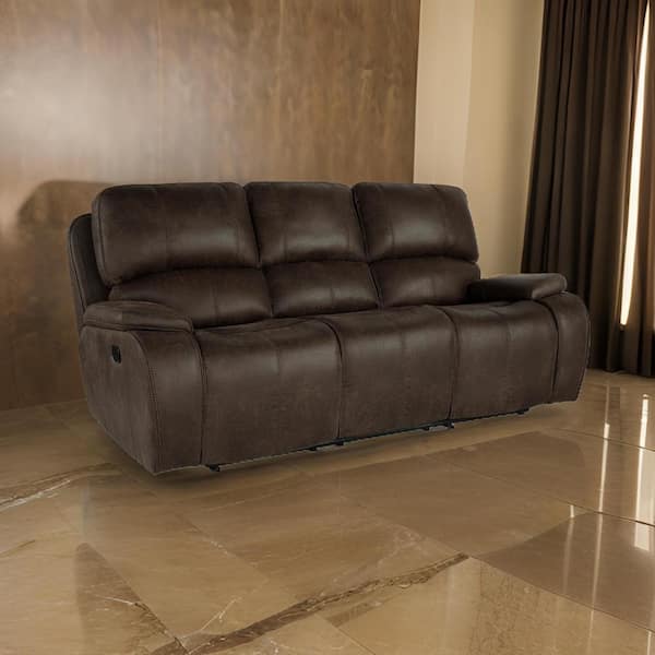 Benjara 88.2 in. Pillow Top Arm Faux Leather Rectangle Cushioned Seat Recliner Sofa in Brown
