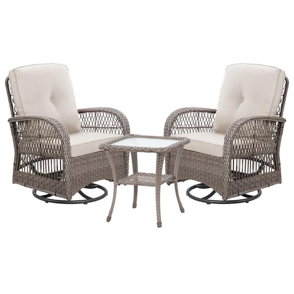 3-Piece Wicker Outdoor Rocking Chair Patio Conversation Set Swivel Chairs Sectional with Beige Cushions and Side Table