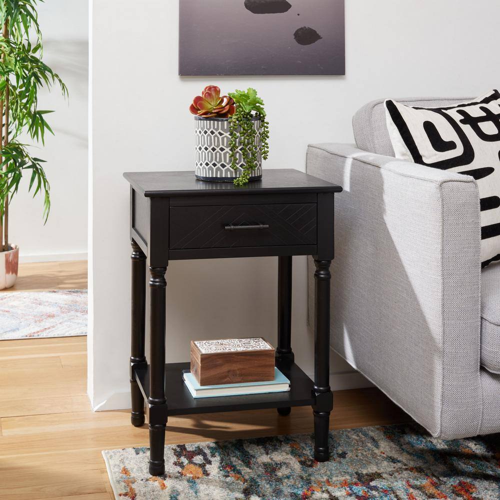 Peyton Black Wood Rectangular Storage End Table with Herringbone Pattern