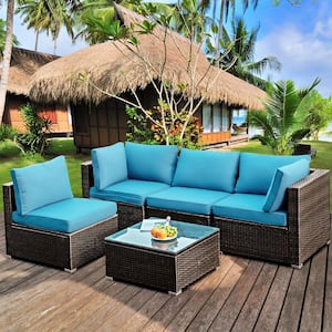 5-Piece Rattan Outdoor Patio Conversation Set Sofa Furniture Set with Turquoise Cushions