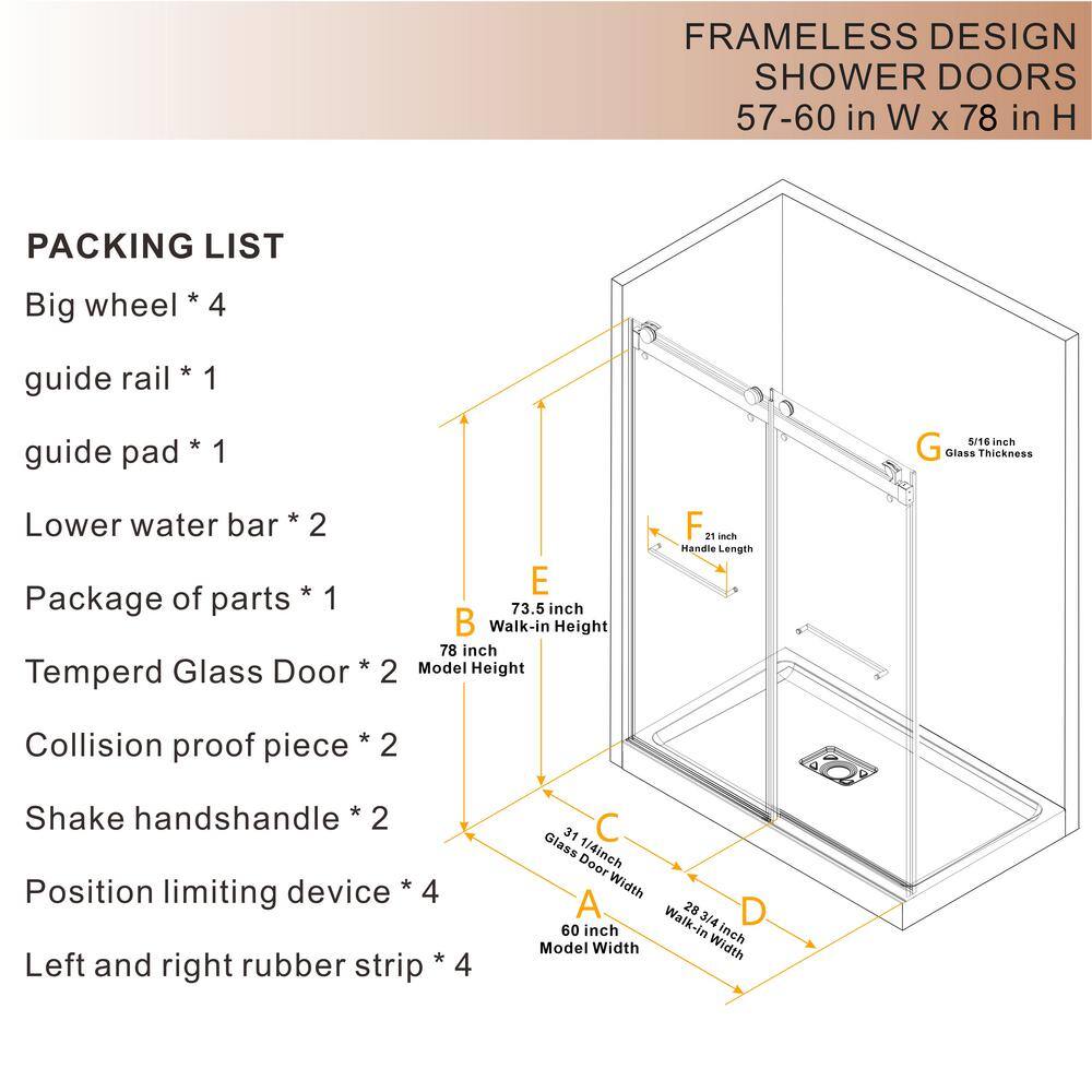 60 in Brushed Silver Frameless Double Sliding Shower Door