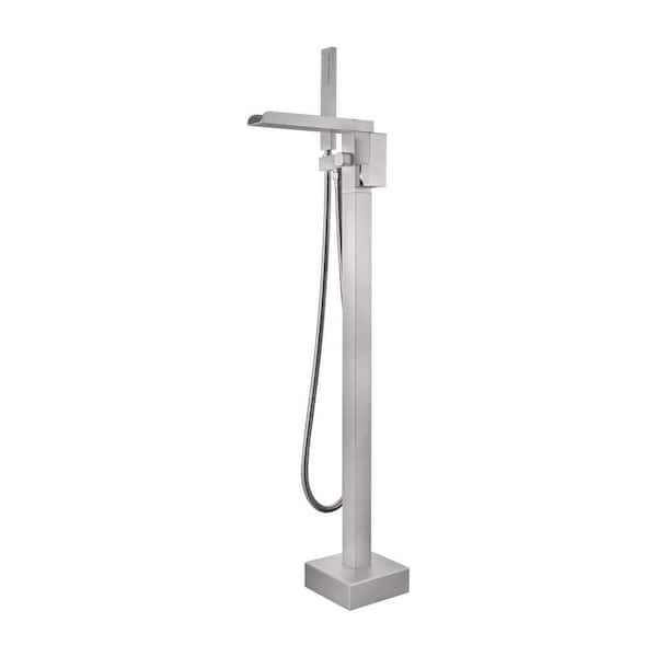 Single Handle Floor Mount Bathtub Faucet Freestanding Tub Filler Standing Shower Faucets with Handheld Shower in Nickel