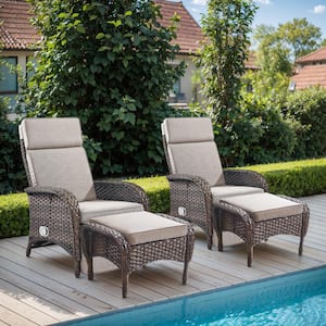 PlainCurve 4-Piece Brown Wicker Outdoor Recliner Chairs Patio Conversation Set with Olefin Beige Cushions and ottomans