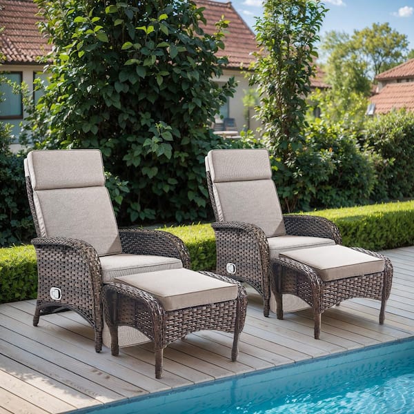 PlainCurve 4-Piece Brown Wicker Outdoor Recliner Chairs Patio Conversation Set with Olefin Beige Cushions and Ottomans