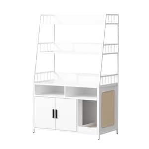 White Multi-Layer Storage Shelf Hidden Cat Litter Box Enclosure Furniture, Wood Cat Washroom Furniture with Side Scratch