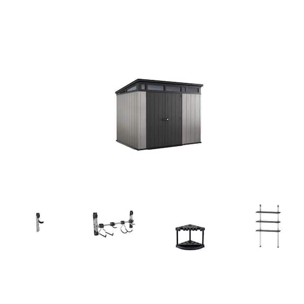 Artisan 9 ft. x 7 ft. Grey Resin Shed, Bike Hanger, Multi Hanger, 22 in. Tool Rack and 12 in. Shelving Kit