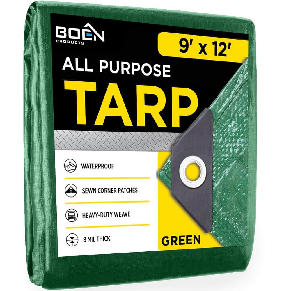 9 ft. x 12 ft. Multi-Purpose Green Poly Tarp Cover 8 Mil Thick Weave Materi