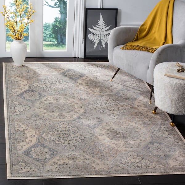 Vintage 5 ft. x 8 ft. Cream/Blue Geometric Ornate Area Rug