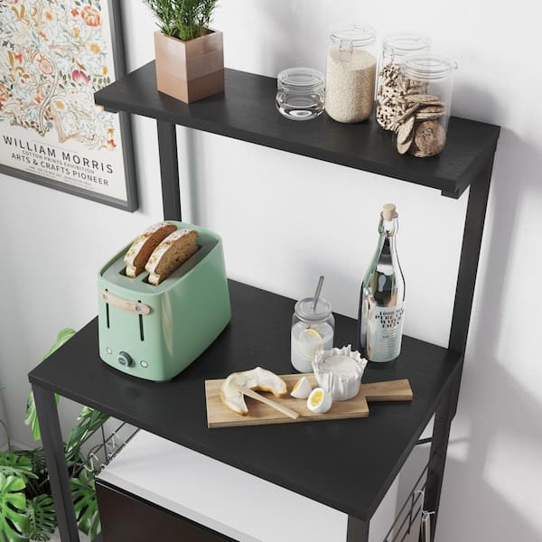 Bestier 3-Tier Baker's Rack with Cabinet, Kitchen Storage Shelves,  Microwave Oven Stand, Coffee Bar with Hooks in Rustic