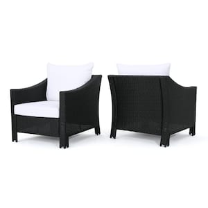 Black Iron-Framed Faux Rattan Outdoor Lounge Chairs with White Cushion (2-Pack)