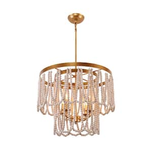 4-Light Gold Finish Distressed White Beaded Chandelier Candle Style Pendant