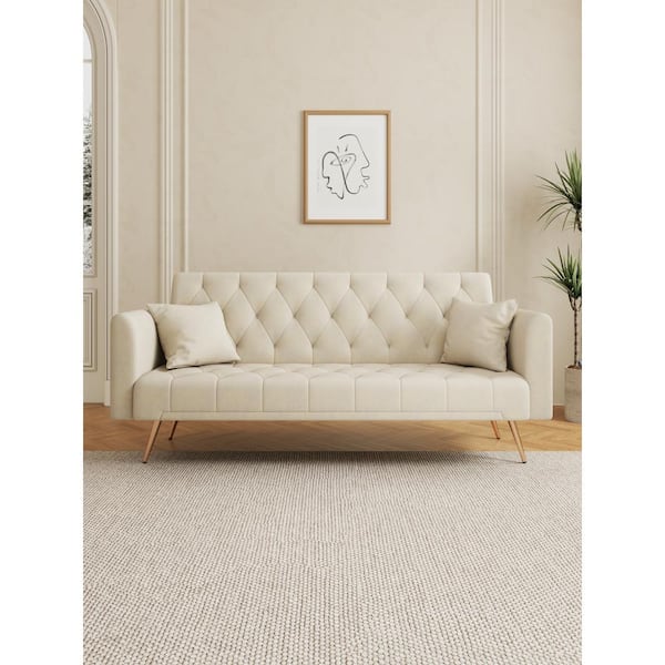 71 in. Round Arm Beige Convertible Twin Size Velvet Sofa Bed
