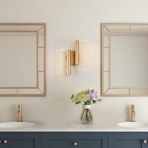 2-Light Gold 10.6 in. Integrated LED Wall Sconce, Modern Vanity Light Rectangle Wall Light with Clear Acrylic Shade