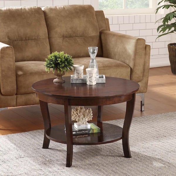 Convenience Concepts American Heritage 30 in. Espresso Round Wood Top Coffee Table With Shelf