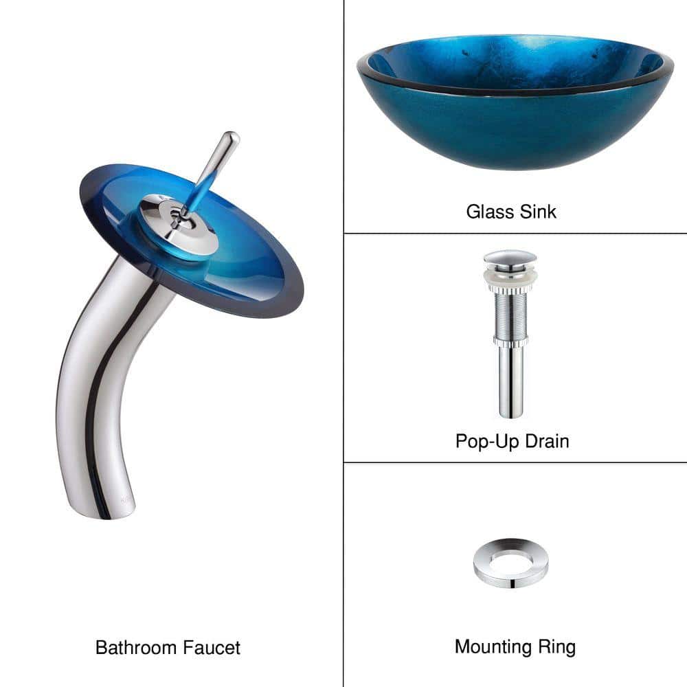 Blue Glass Circular Vessel Sink with Chrome Faucet