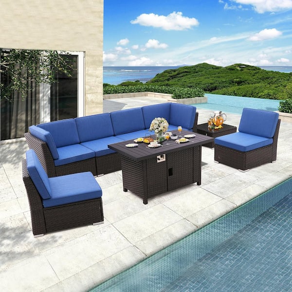 Miscool Anky Black/Brown 8-Piece Rattan Wicker Patio Fire Pit Sectional Seating Set with Olefin Blue Cushions