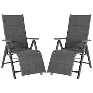 Gray Folding Plastic Patio Fabric Reclining Outdoor Lounge Chair with Adjustable Backrest (2-Pack)