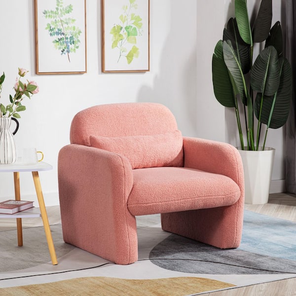 27.95 in. Minimalist Teddy Fleece Armchair w/ Pillow and Arms- Cozy Accent Chair for Living Room, Bedroom and Study Pink