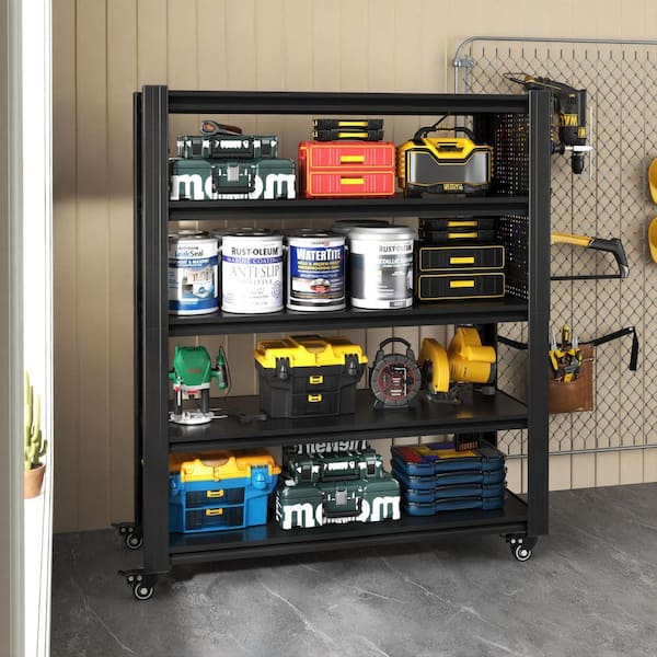 72"H 5 Tier Adjustable Shelving with Pegboard and Wheel, Heavy Duty Metal Shelving Unit for Garages, Kitchens in Black