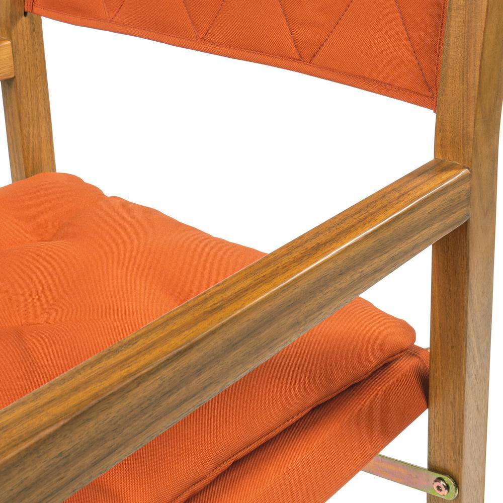 Mid-Century Teak Brown Acacia Wood Director Chair with Orange Cushions