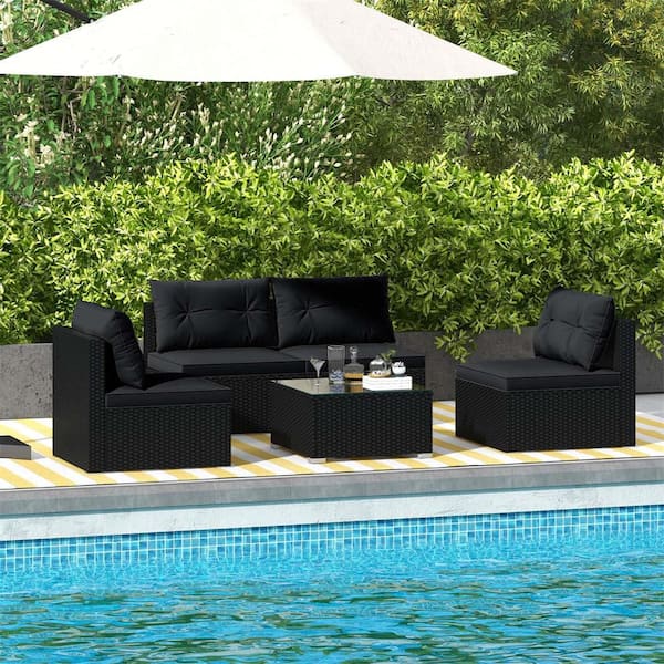 Costway 5-Piece Wicker Patio Conversation Set with Tempered Glass Tabletop and Seat and Back Black Cushions HCST04834