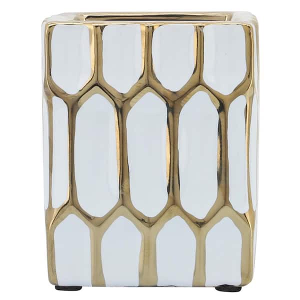 White Gold 3 in. x 4 in. Ceramic Square Pen Holder Desk Accessories with Dynasty Design