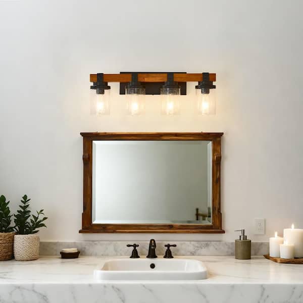 9 in. Farmhouse Bathroom Wooden Vanity 4 Light Sconces Wall Lighting Rustic Over Mirror Black Light for Hallway Kitchen