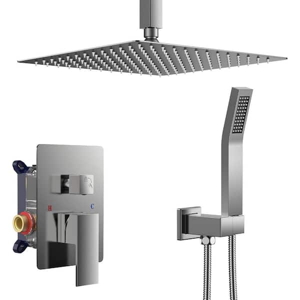 Single-Spray Square High Pressure Ceiling Mount Rain Shower Faucet Set with Hand Shower in Brushed Nickel