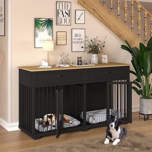 Indoor Furniture Style Dog Crate, Large Wooden Dog House with Drawers Divider, Dog Cage for Large Medium Dogs, Black