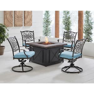 Traditions 5-Piece Aluminum Patio Fire Pit Conversation Set with Blue Cushions, 4 Swivel Rockers and Fire Pit Table