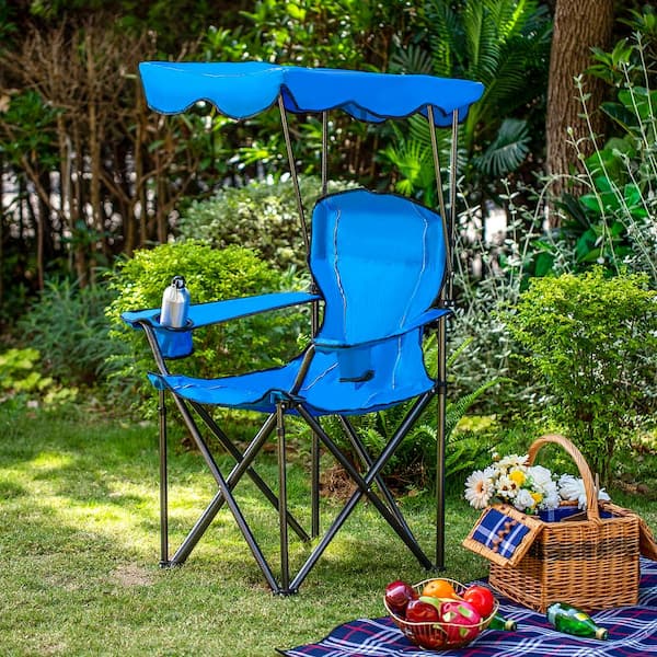 Blue Shaded Canopy Camping Chair W/ Cup Holders Heavy Duty Outdoor Seat Picnic 