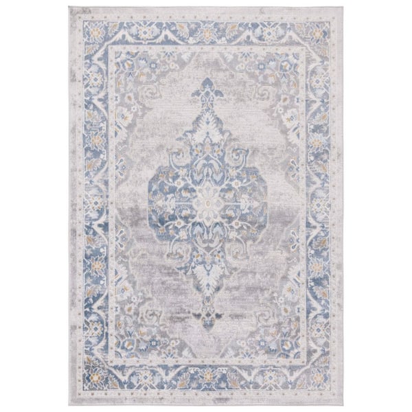 Palma 8 ft. x 10 ft. Gray/Blue Border Medallion Area Rug