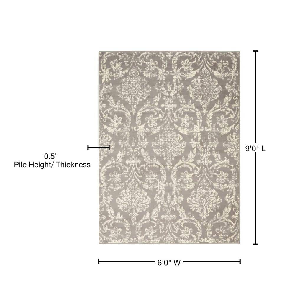 Jubilant Grey 6' x 9' Synthetic Vintage Damask Area Rug