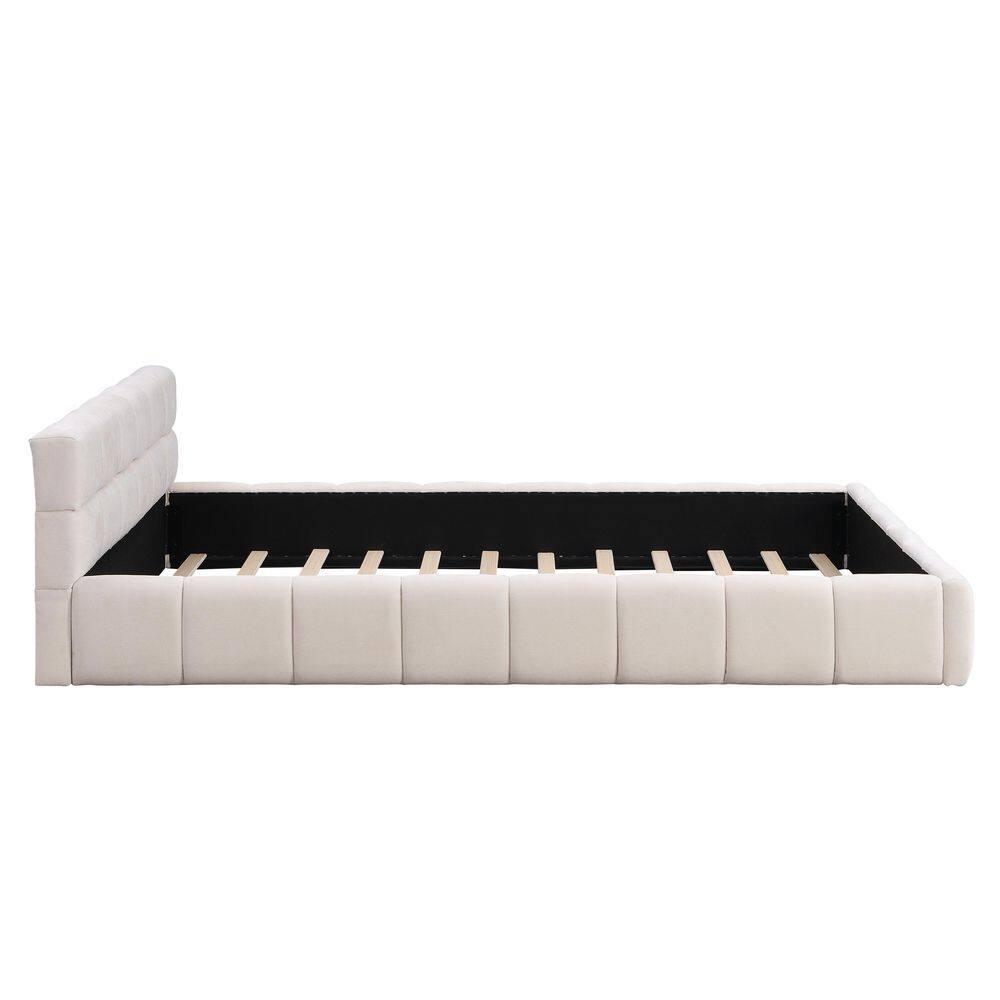 Beige Wood Frame King Size Chenille Upholstered Platform Bed Grounded Bed with Tufted Headboard - thumbnail 7