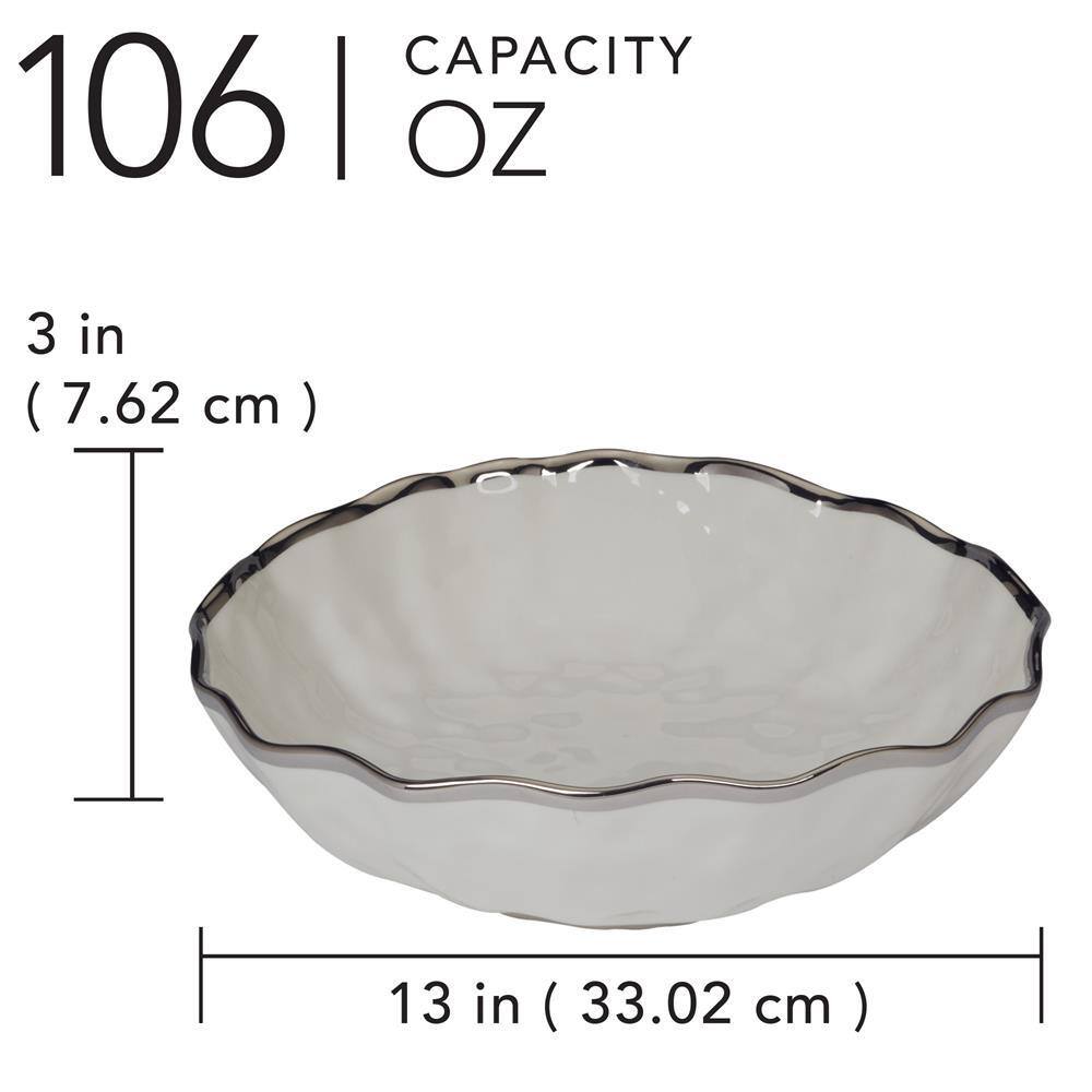 Gray Ceramic Round Serving Bowl with Silver Rim