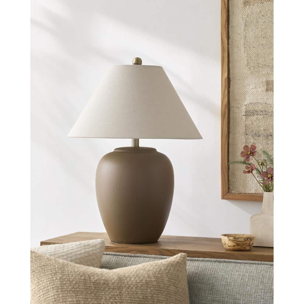 Eustacia Brown Ceramic Table Lamp with Beige Linen Shade