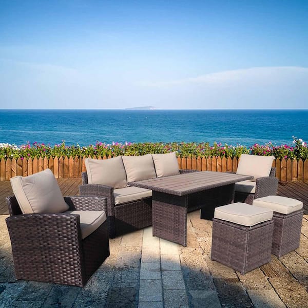 Tunearary 6-Piece Wicker Outdoor Sofa Sectional Set with Brown Cushion