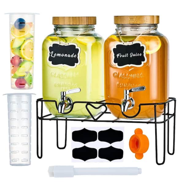 2 Pack 1 Gal. Glass Beverage Dispensers with Stand, Bamboo Lids, Fruit Infuser and Stainless Steel Leak-Proof Spigot