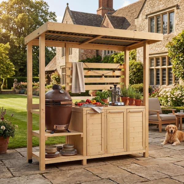 Cedar Wood Outdoor Kitchen Grill Island with Large Countertop ,Sturdy Storage Cabinet,Canopy Roof,Solid Support in Brown