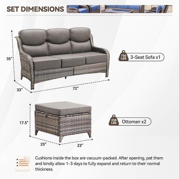 NovaSwivel Gray 3-Piece Wicker Outdoor Couch Patio Sectional Sofa with 6 in. Thick Gray Cushions and Ottomans