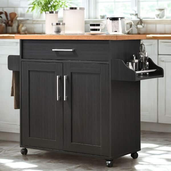 Black Wood Top 35 in. Wide Kitchen Island Cart with Utensil Drawer, Cabinet Storage, Spice Rack & Towel Holder