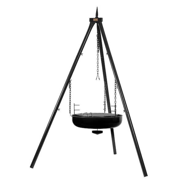 Scandinavian Tripod Campfire Pan 60, Outdoor Fireplace and Grill, Black Enameled Steel