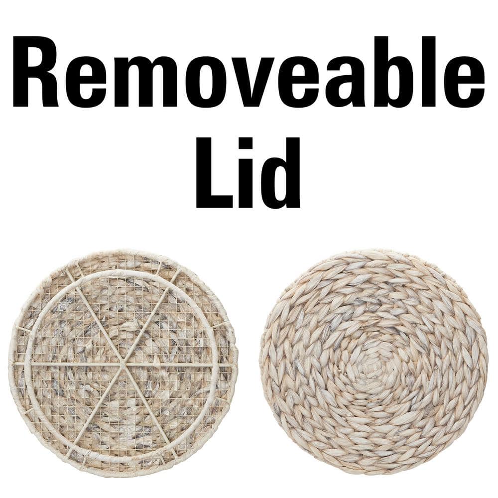 Handwoven White Wicker Round Side Table with Metal Frame