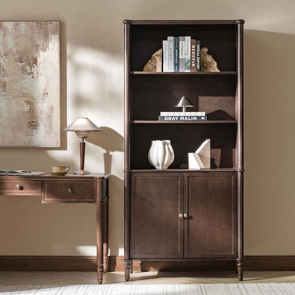 Roland 76 in. Tall Auburn Wood 5-Shelf Storage Bookcase with Cable Management