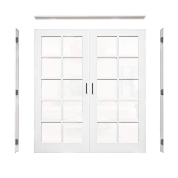 72 in. x 80 in. 10-Lite Clear Glass Universal White Solid Core Wood Double Prehung French Door+ Frame Set and Ball Catch