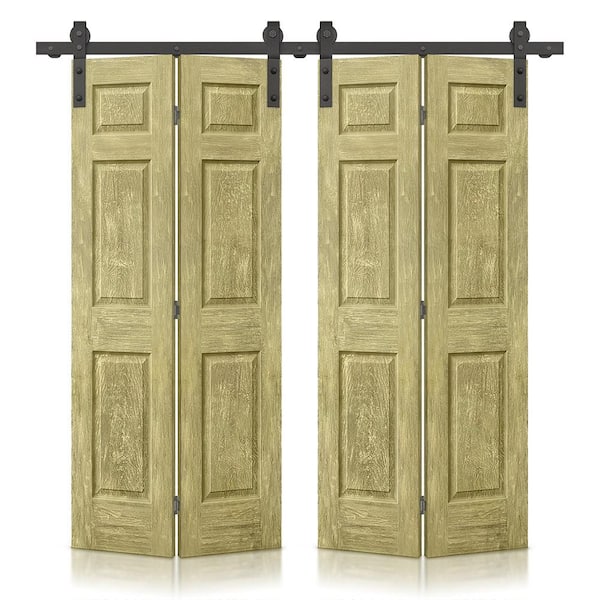 CALHOME 60 in. x 80 in. Antique Gold Stain 6 Panel Composite Double Bi-Fold Barn Door with Sliding Hardware Kit