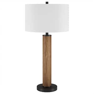 29 in. White Mid-Century Integrated LED Bedside Table Lamp with White Fabric Shade