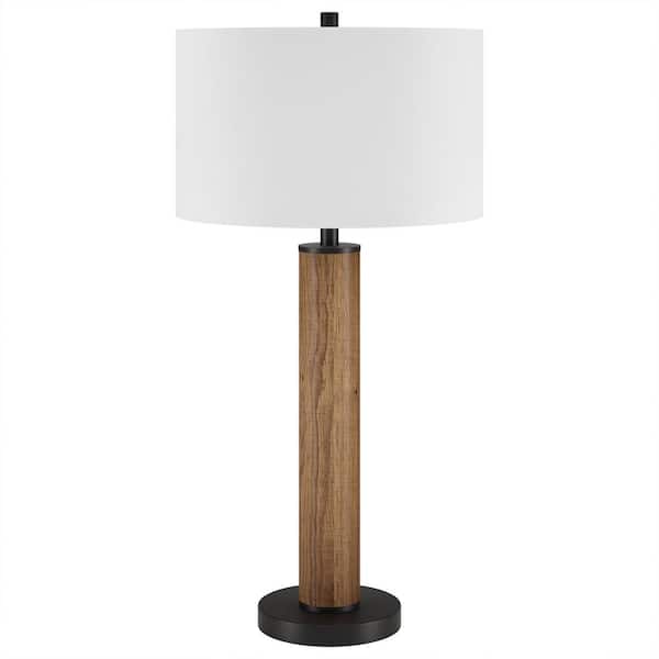 HomeRoots 29 in. White Mid-Century Integrated LED Bedside Table Lamp with White Fabric Shade