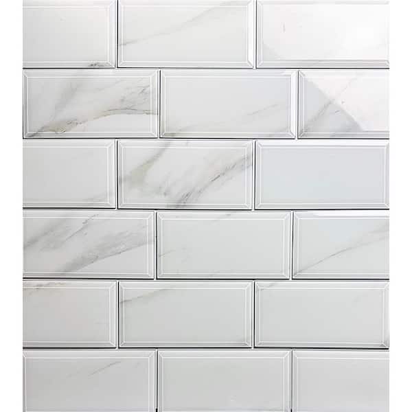 Abolos Nature 18-Pack Calacatta White/Glossy 8-in x 16-in Glossy Glass Marble Look Wall Tile